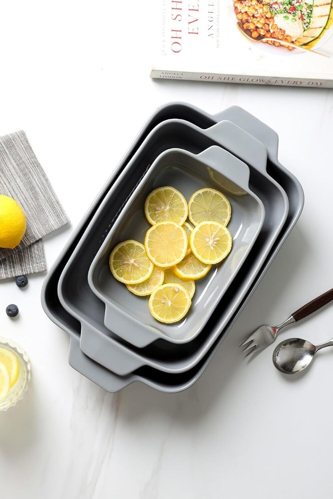 Ceramic grill pan set: 3-piece rectangular grill pan set for steaks
