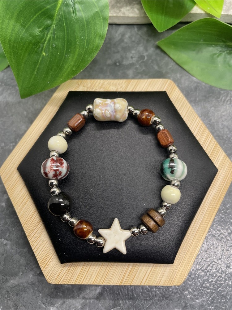 Handmade Ceramic Bead Beaded Stackable 6.25” Plus Stretch Bracelet New B290
