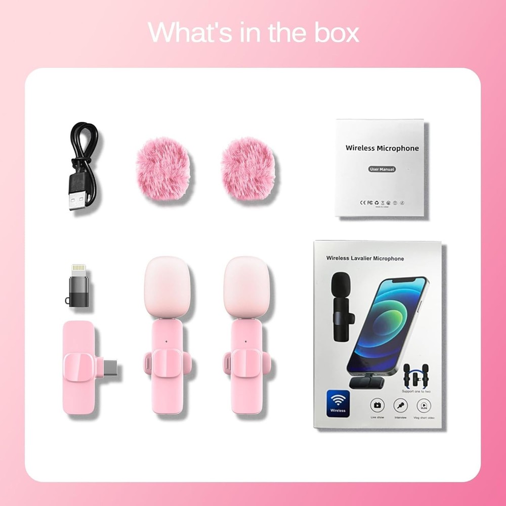 Pink Wireless Lavalier Microphone for iPhone & Android - Mini Clip-On Mic with N
