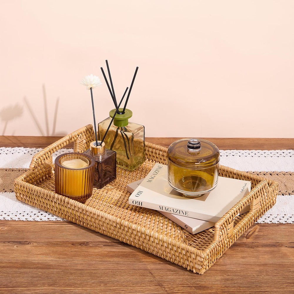 Rattan Rectangular Serving Tray with Handles, Hand-Woven Wicker Decorative Tr...