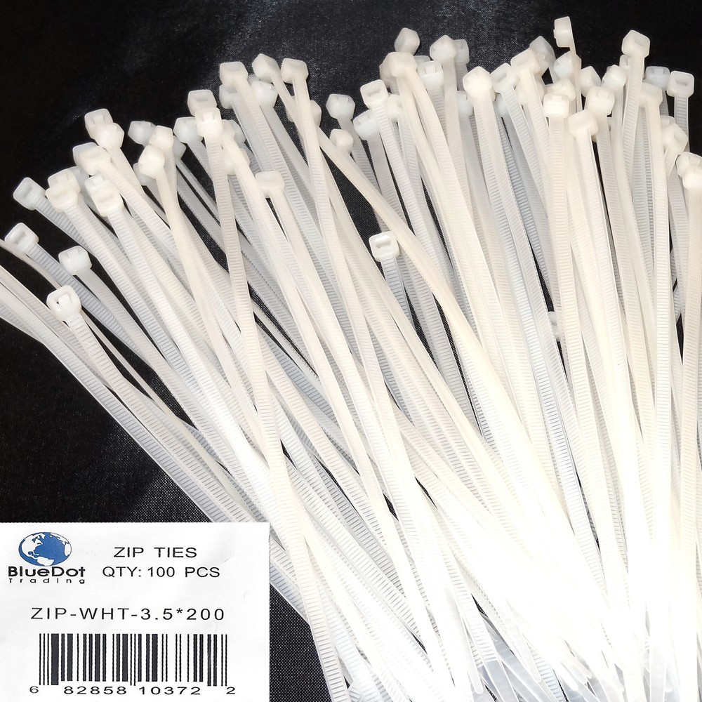 100 8" 3.5x200mm Nylon Plastic Wire Cable Ties Zip Wrap Loop Self Locking WHITE