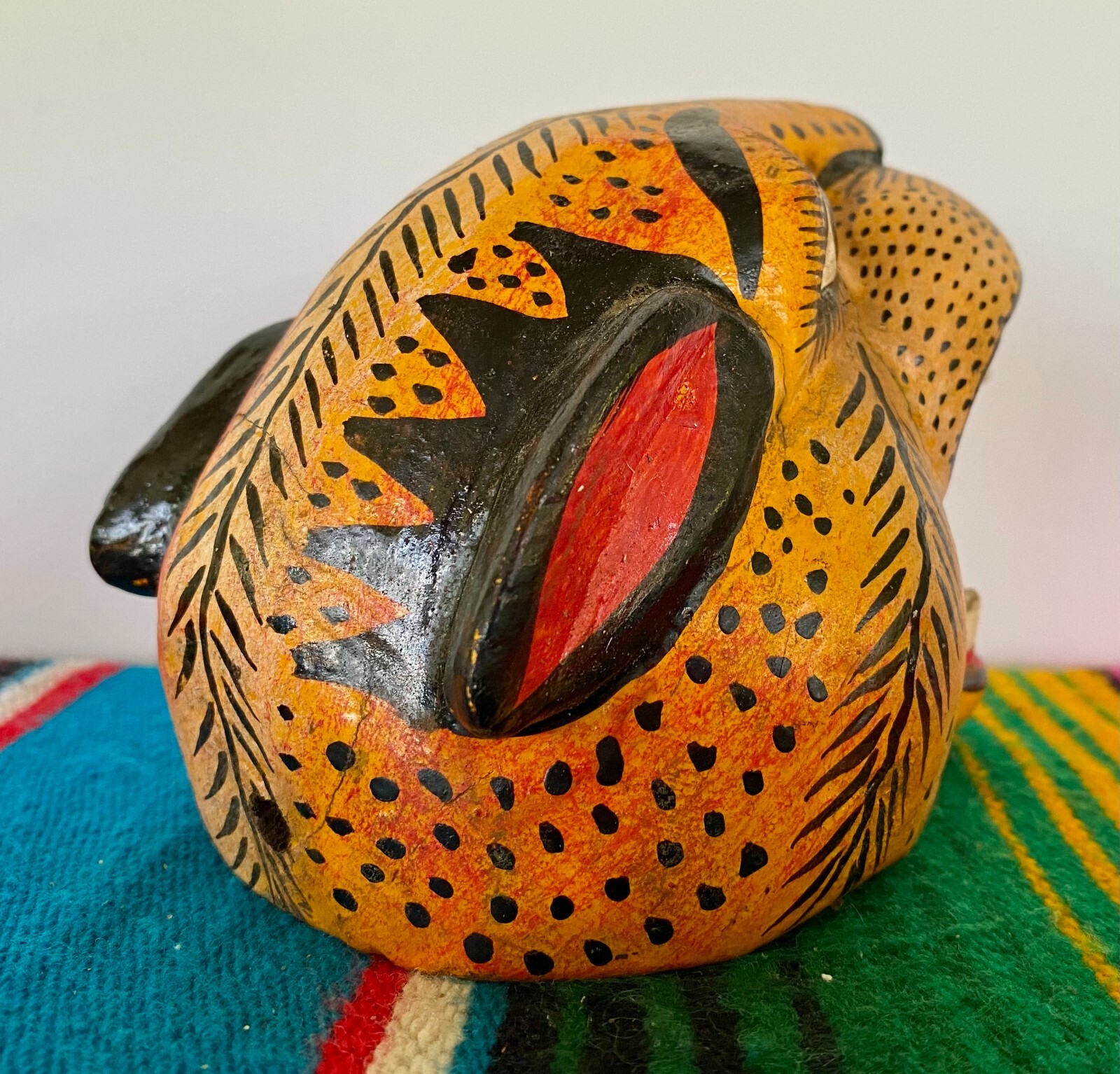 Mexican Folk Art Carved Wood Jaguar Leopard Cat Head Lion Face Mask Guerrero 5"