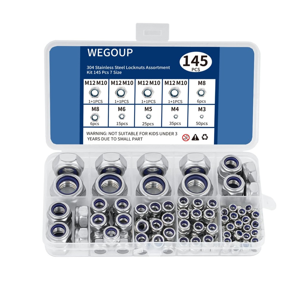 WEGOUP 145 PCS Nylon Insert Lock Nuts Assortment Kit, M3-M12 145 Pack, Silver