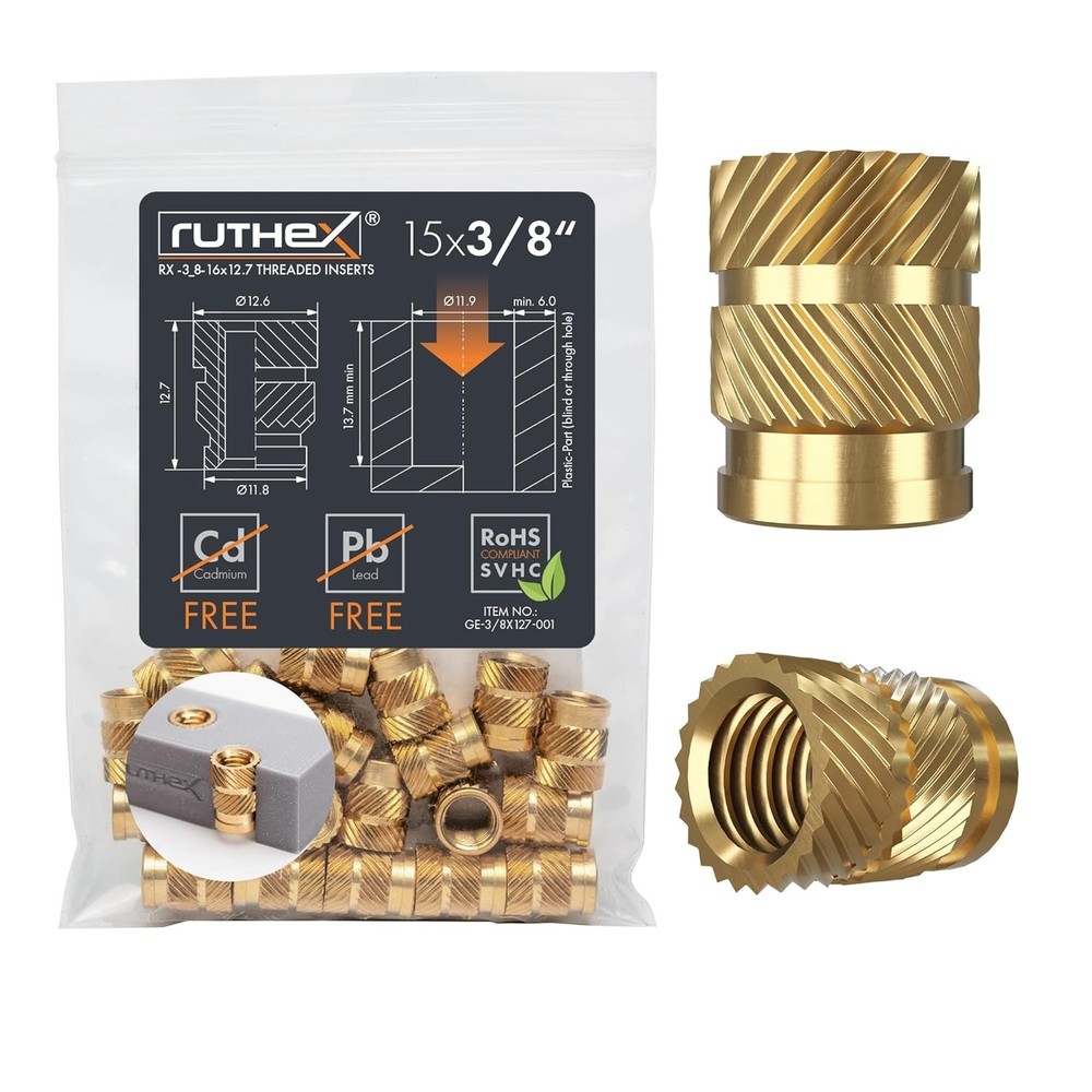3/8"-16 Threaded Inserts: 15 Brass Nuts for Stable Heat Embedding in Plastics