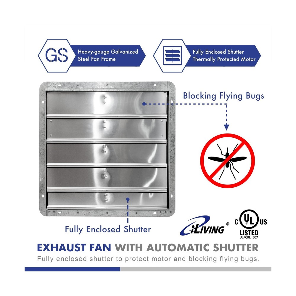 ILIVING 20" Wall Mounted Shutter Exhaust Fan, Automatic Shutter, with Thermos...