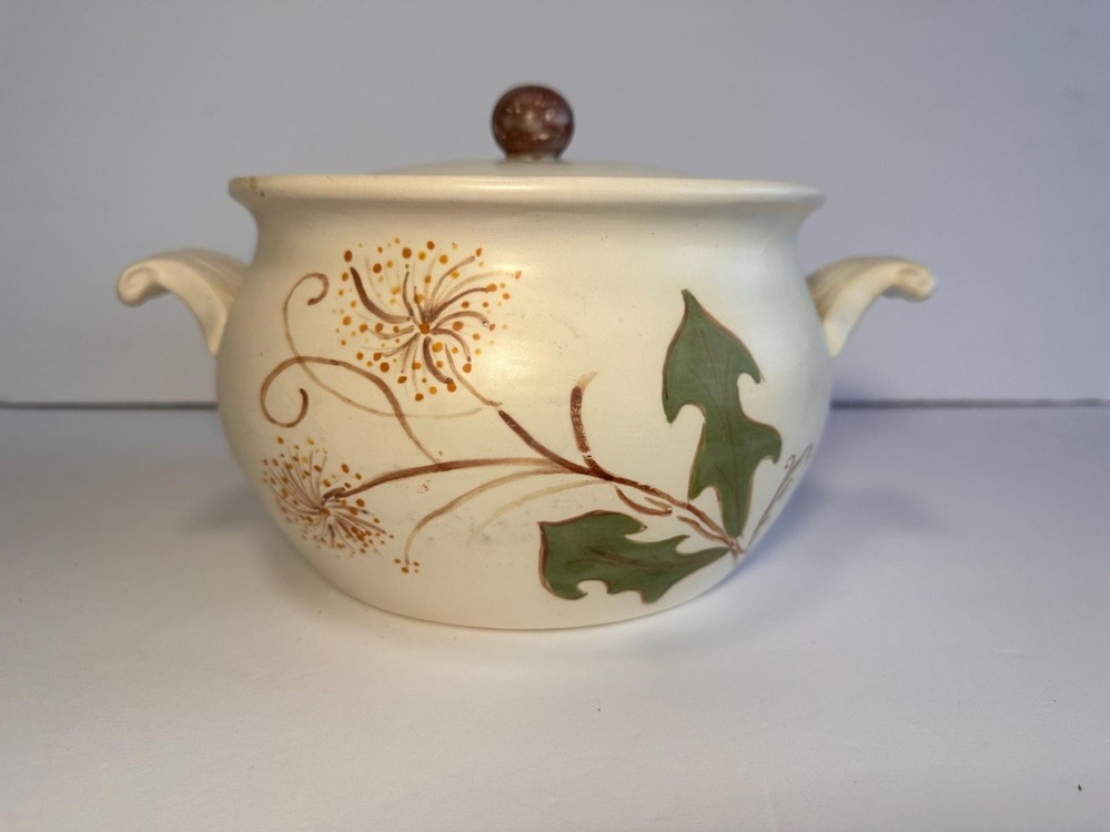 Ceramic Bean Pot Casserole with Dandelion Design - Studio Hand Painted & Signed