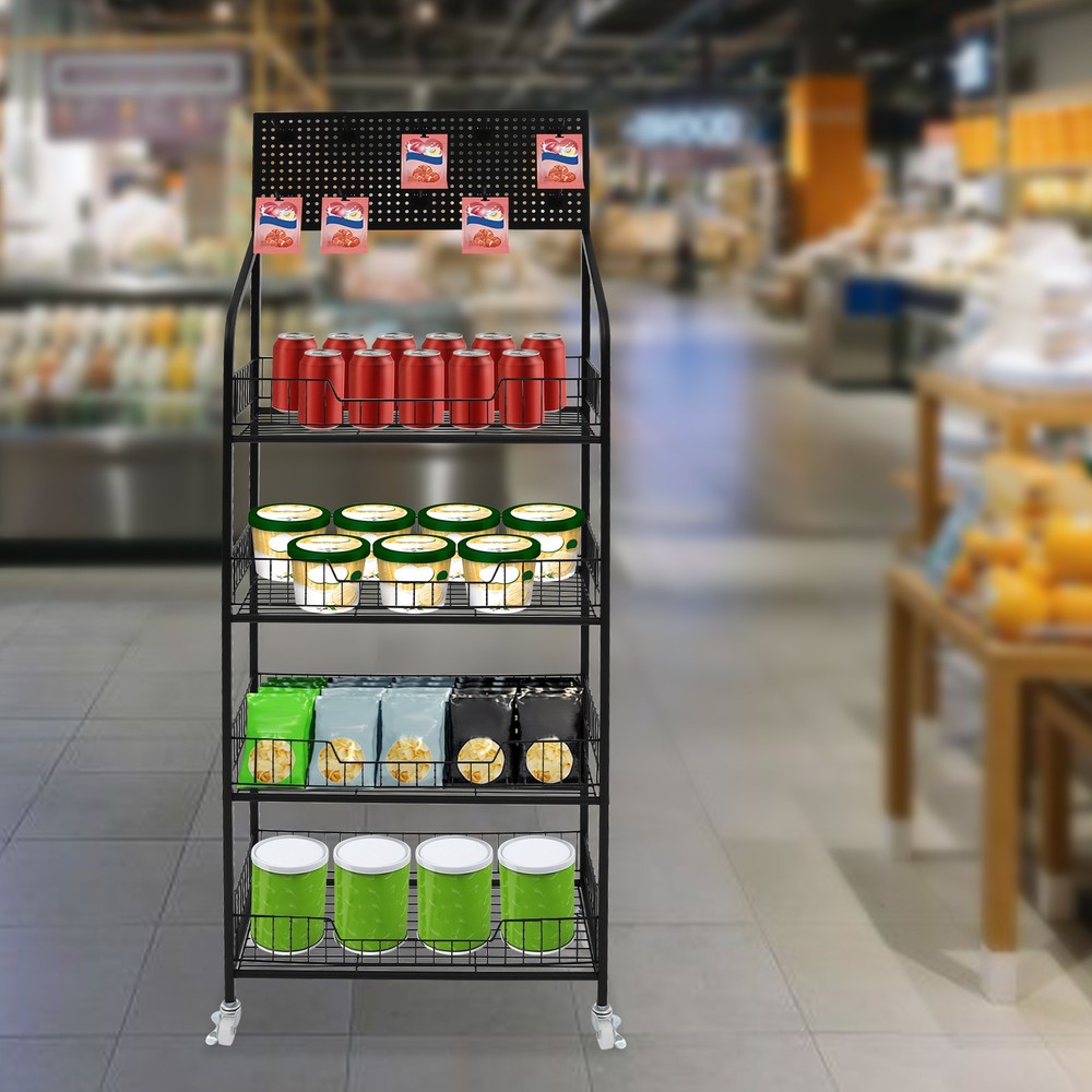 Rolling Retail Display Rack 4 Tier Black Store Merchandise Shelf Unit