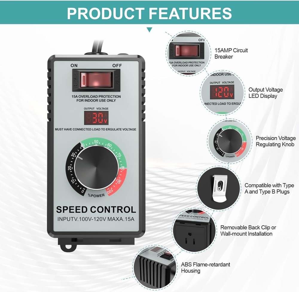 High-Capacity AC Motor Speed Controller 120V 15A 4000W - Universal Variable S...