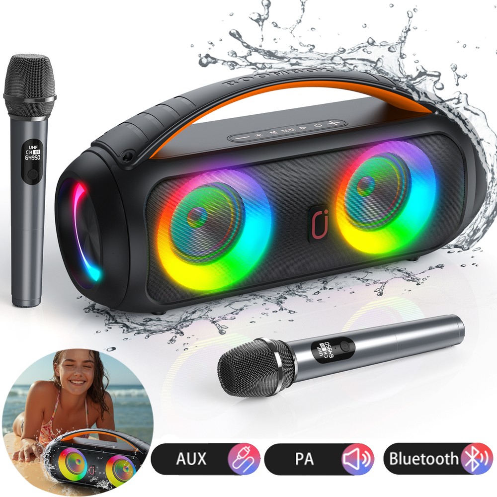 FanFun Karaoke Machine w/2 Wireless Microphones -Portable Bluetooth Speaker Gift