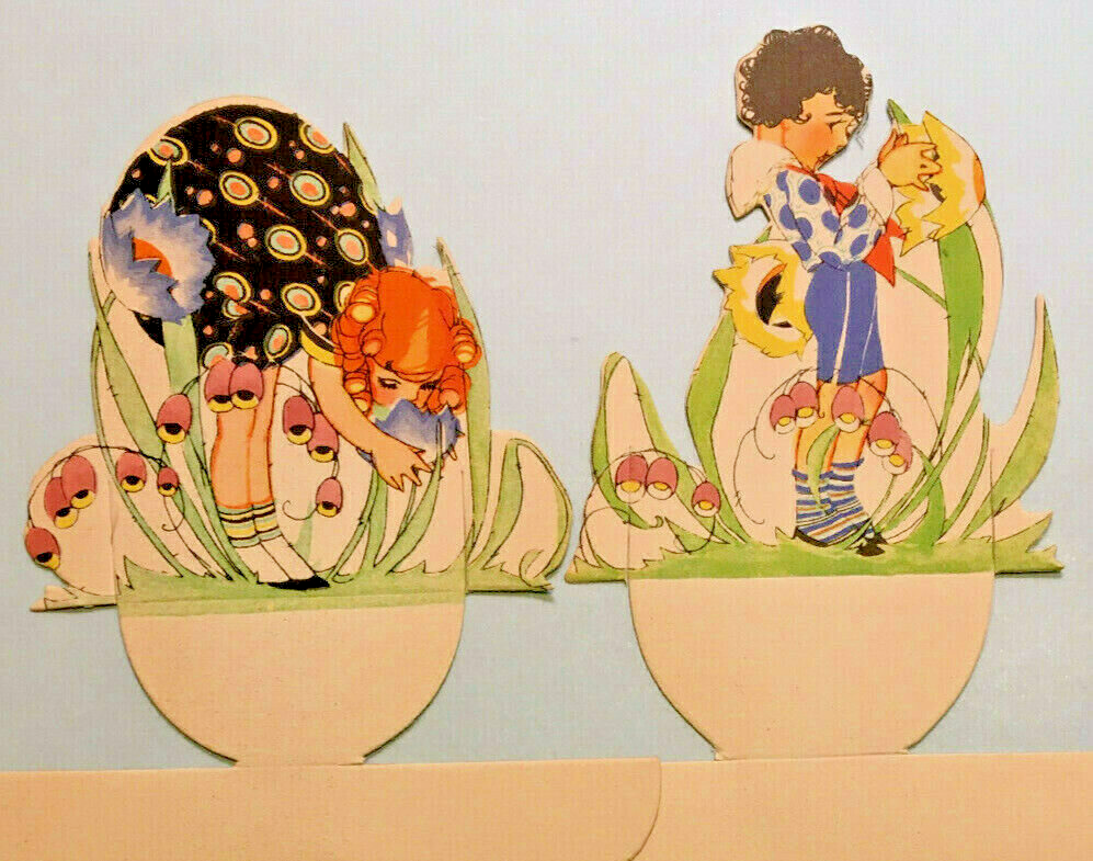 Two Vintage Bridge Place Cards Redhead Girl and Boy Enjoying Wild Flowers Buzza