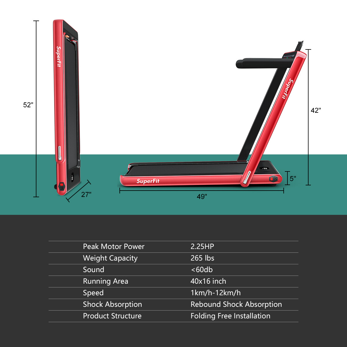 2 in 1 Folding Treadmill 2.25HP Running Machine w/ Dual Display Red