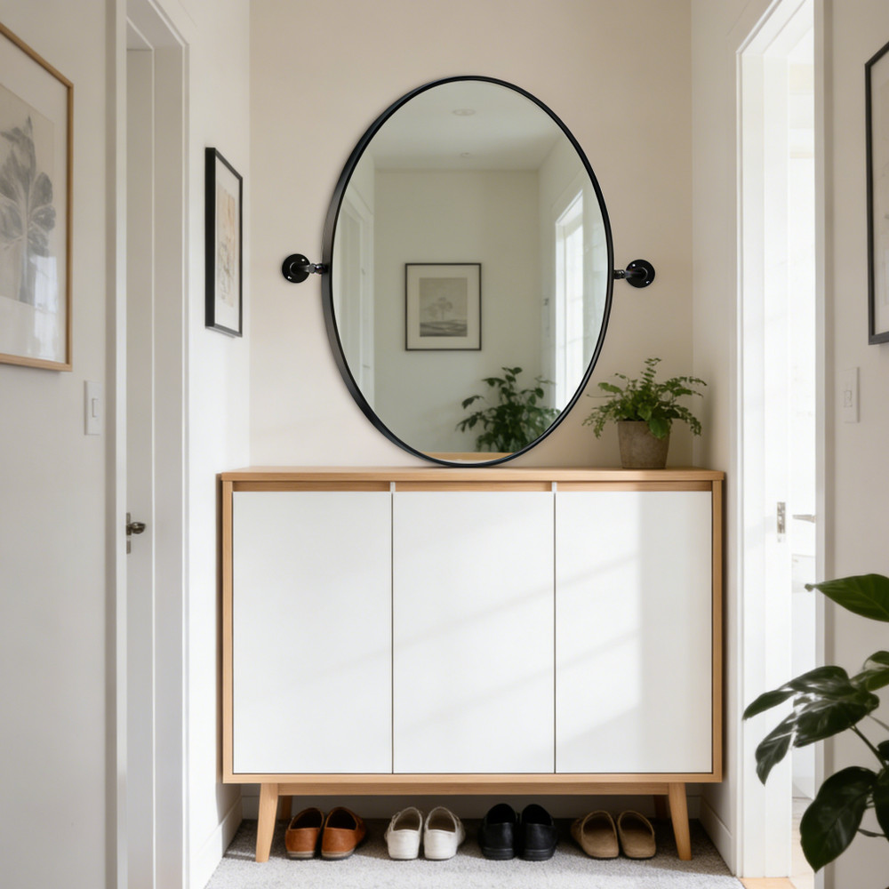 Matte Black Pivot Oval Mirror Wall Bathroom Mirror Tilting Horizontal / Vertical