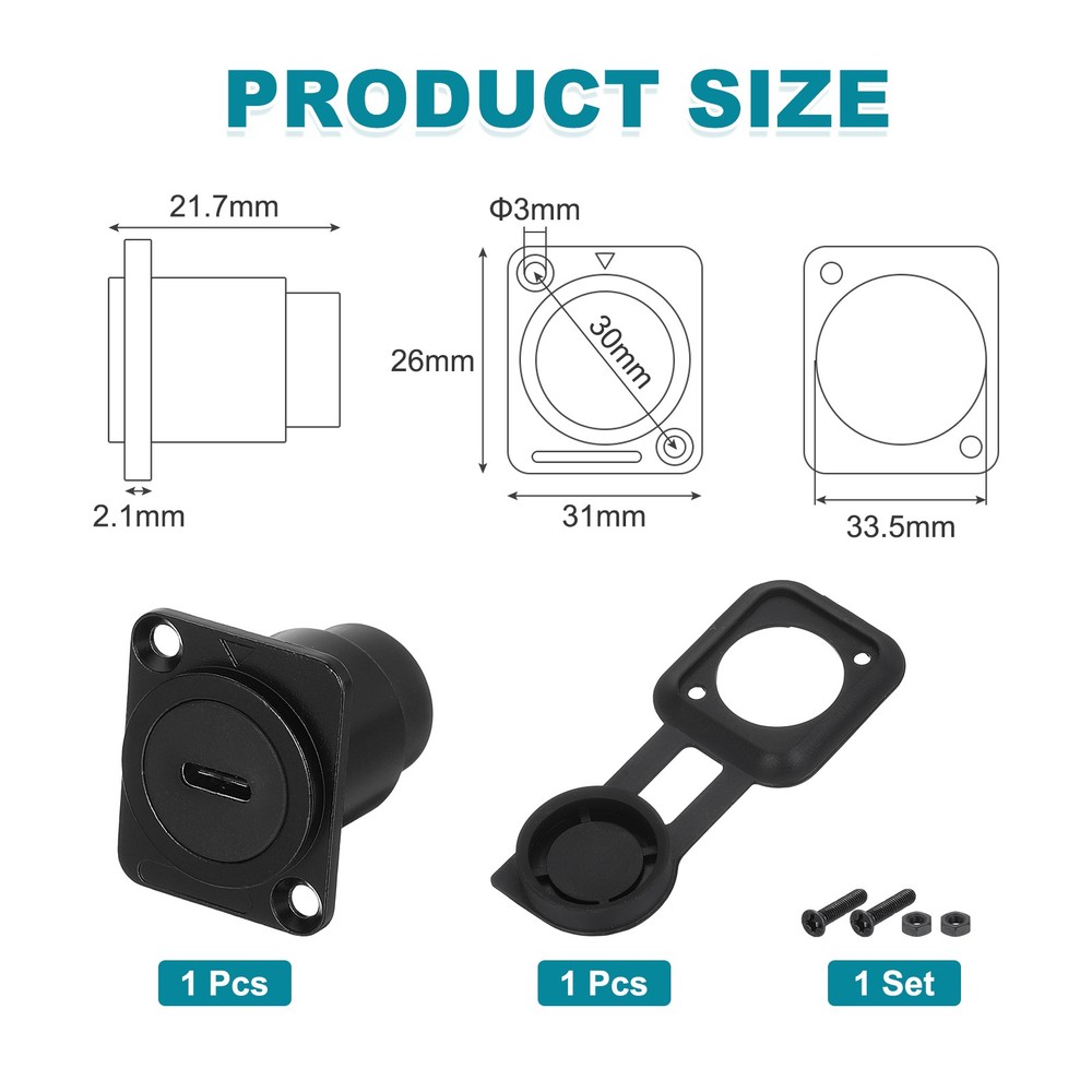1Pcs Type C Panel Mount Coupler, D-Type USB C Pass Through 10Gbps Black