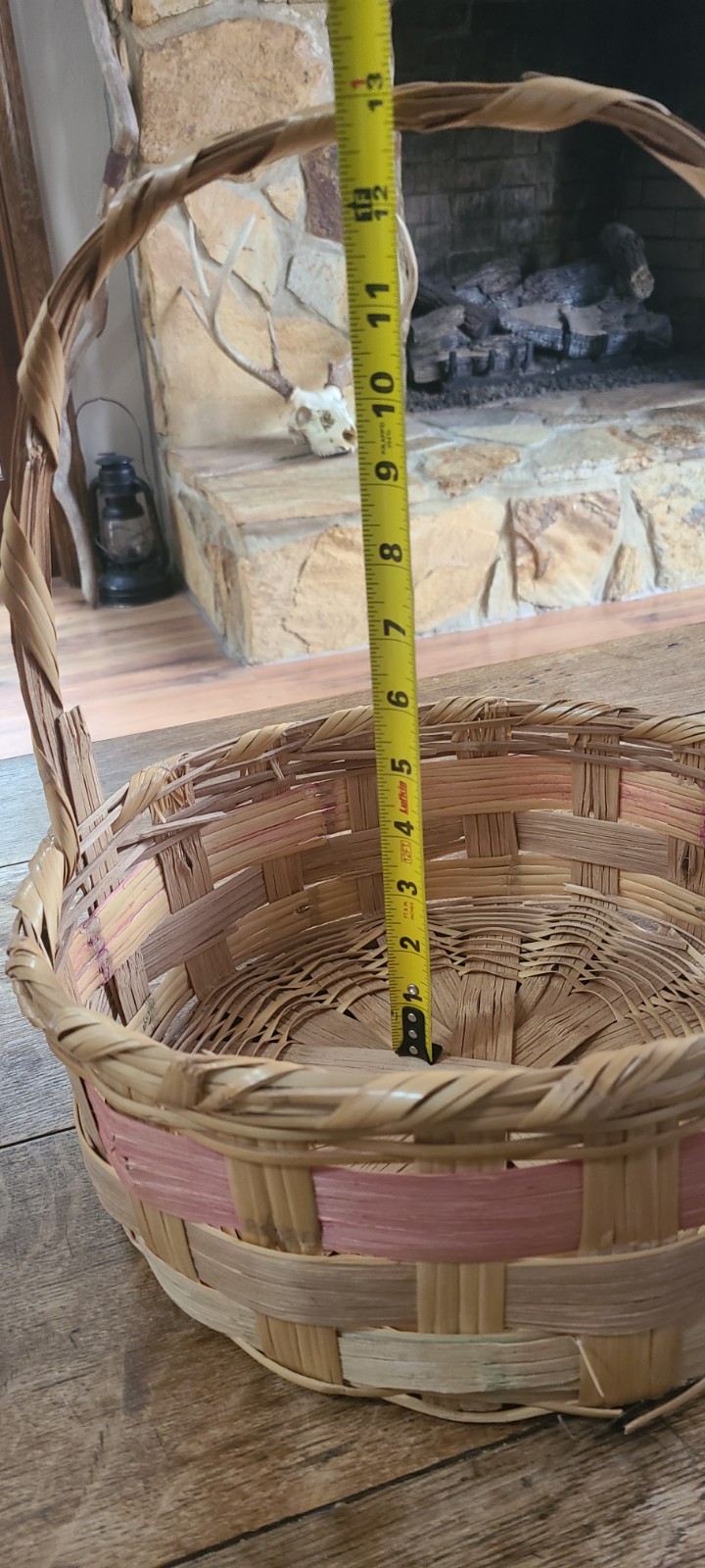 Vintage Woven Easter Basket Pink Band Handle Mexico Round Large 11.5 X 13