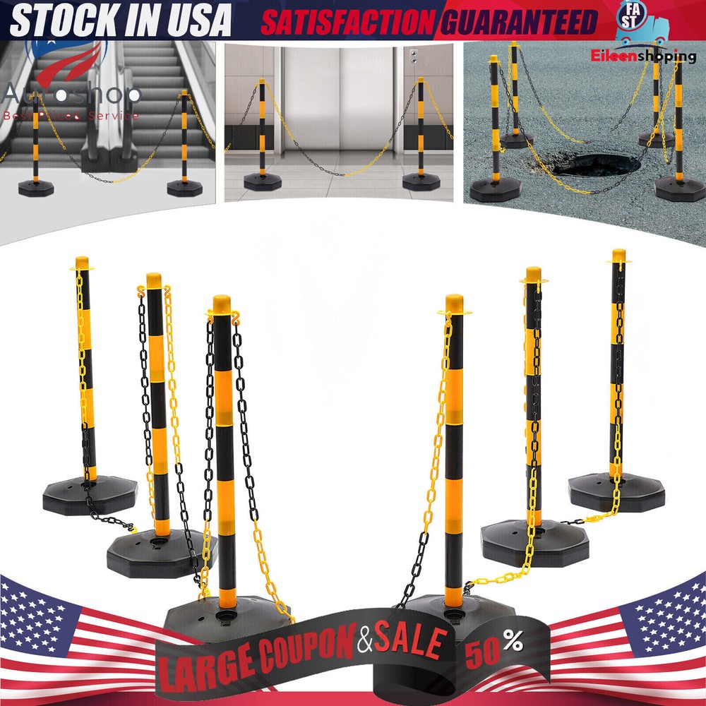 6 Pack Traffic Cones Adjustable Delineator Post Portable Parking Pole W/ Chains