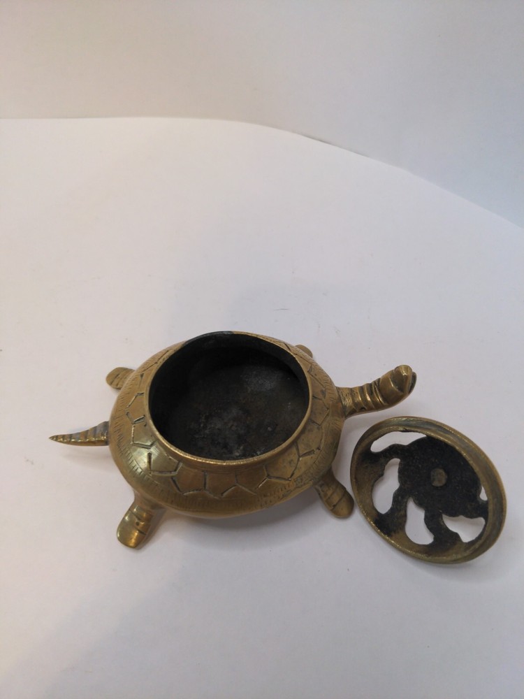 Vintage Small Heavy Solid Brass Engraved Turtle Incense Burner With Lid