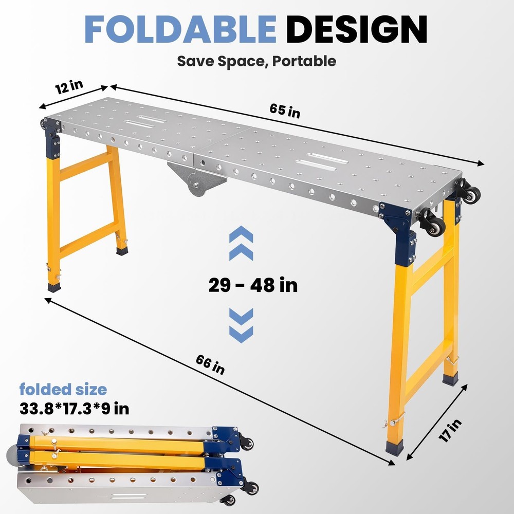 2200LBS Welding Table 60"x12" Folding Workbench with 5-Level Adjustable Height