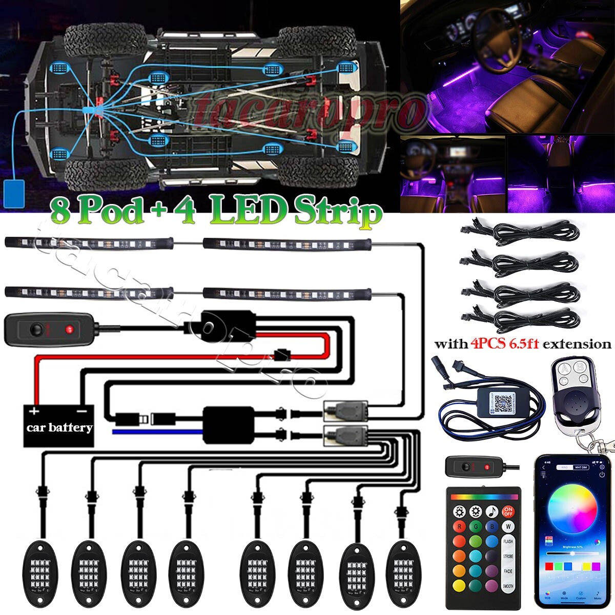 12x RGB LED Pods Rock Light Kit Underbody Glow Neon Lamp Bluetooth Music Control