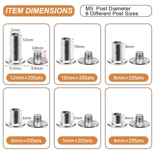 120 Sets Chicago Screws for Leather,Metal Repair Rivets Kit,Silver M5 Sizes