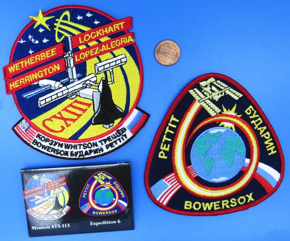 NASA PATCH Pair & BUTTON vtg STS-113 Space Shuttle ENDEAVOUR ISS Expedition 6