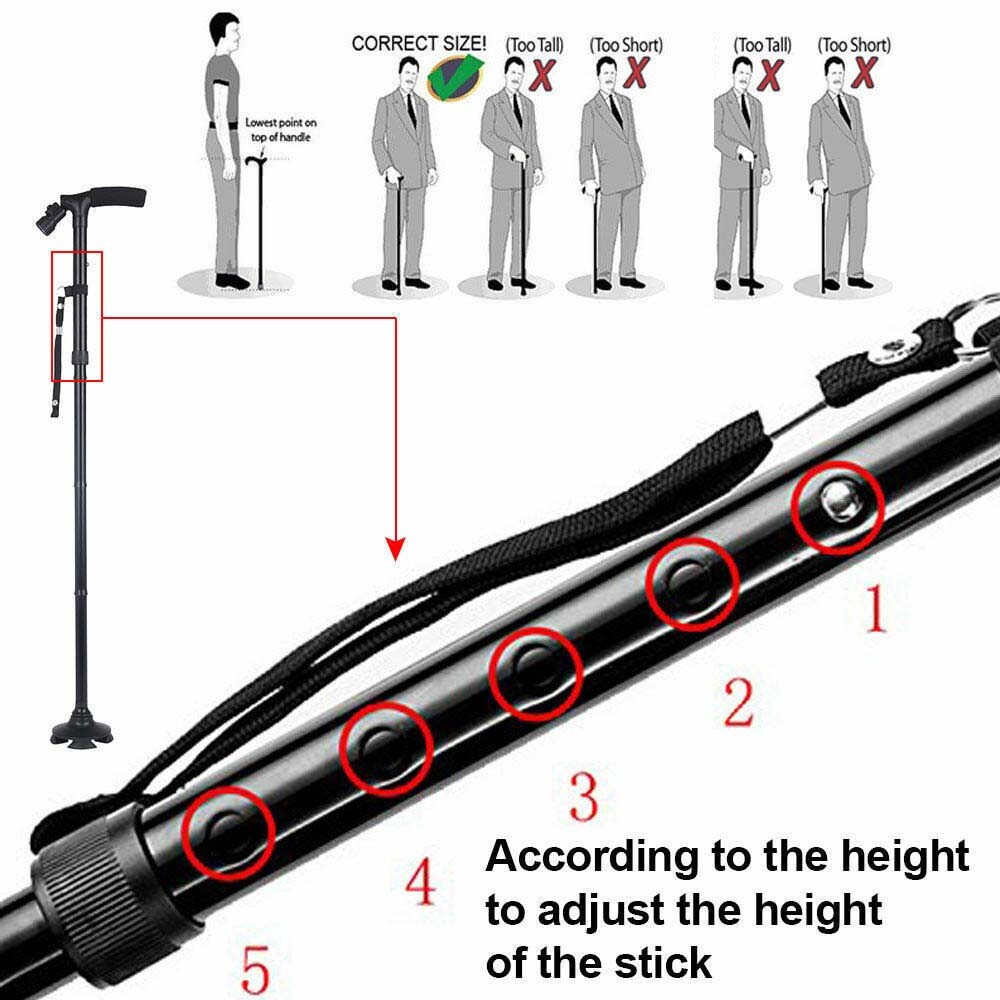 4 heads rotating magic cane fold height adjustable LED light safety cane