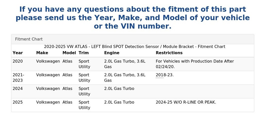 2020-2025 VW ATLAS - LEFT Blind SPOT Detection Sensor / Module Bracket