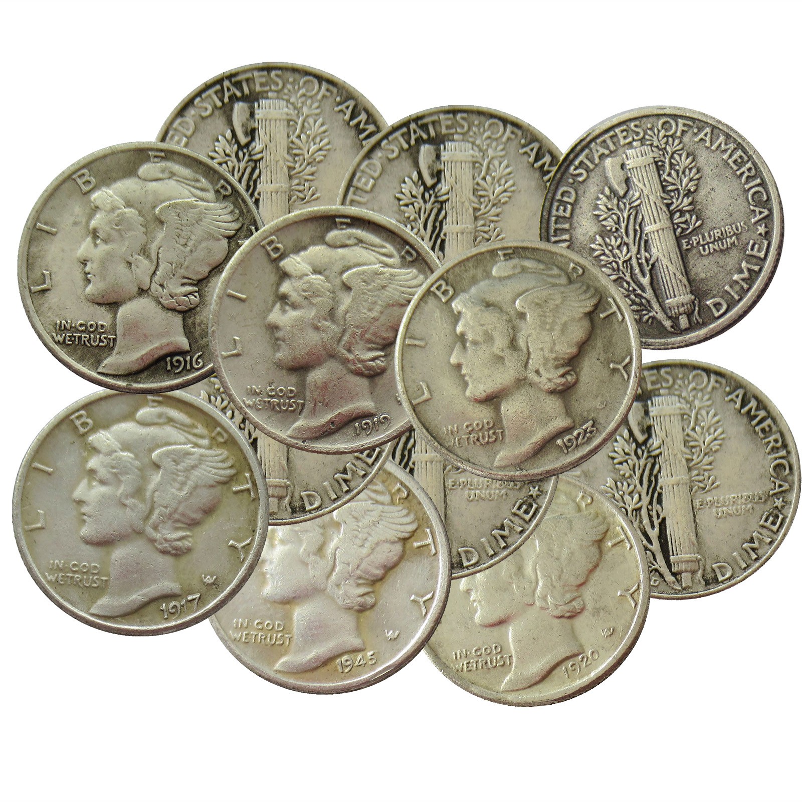 [Lot of 10] Mercury Dimes Mixed Dates 1916-1945 Metal Coin Collectibles