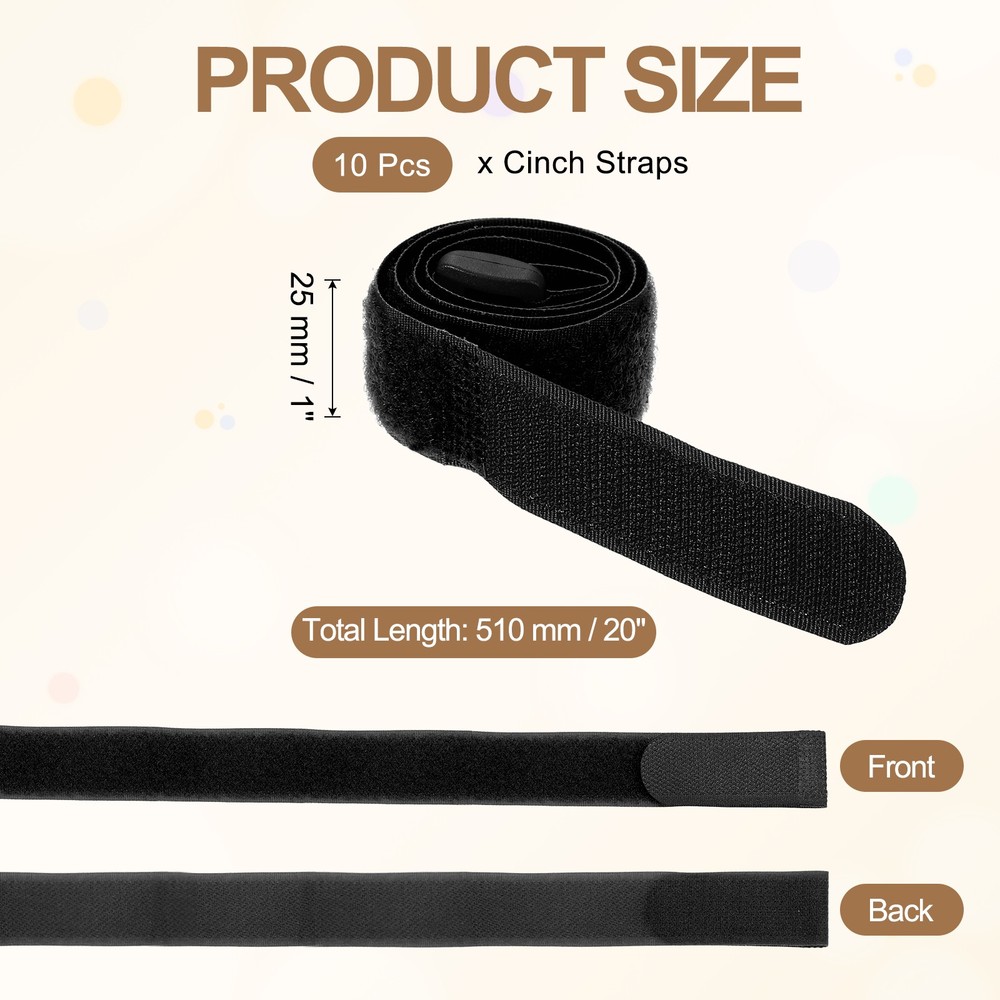 10pcs Reusable Cinch Straps 1"x20" Hook and Loop Cable Securing Straps, Black