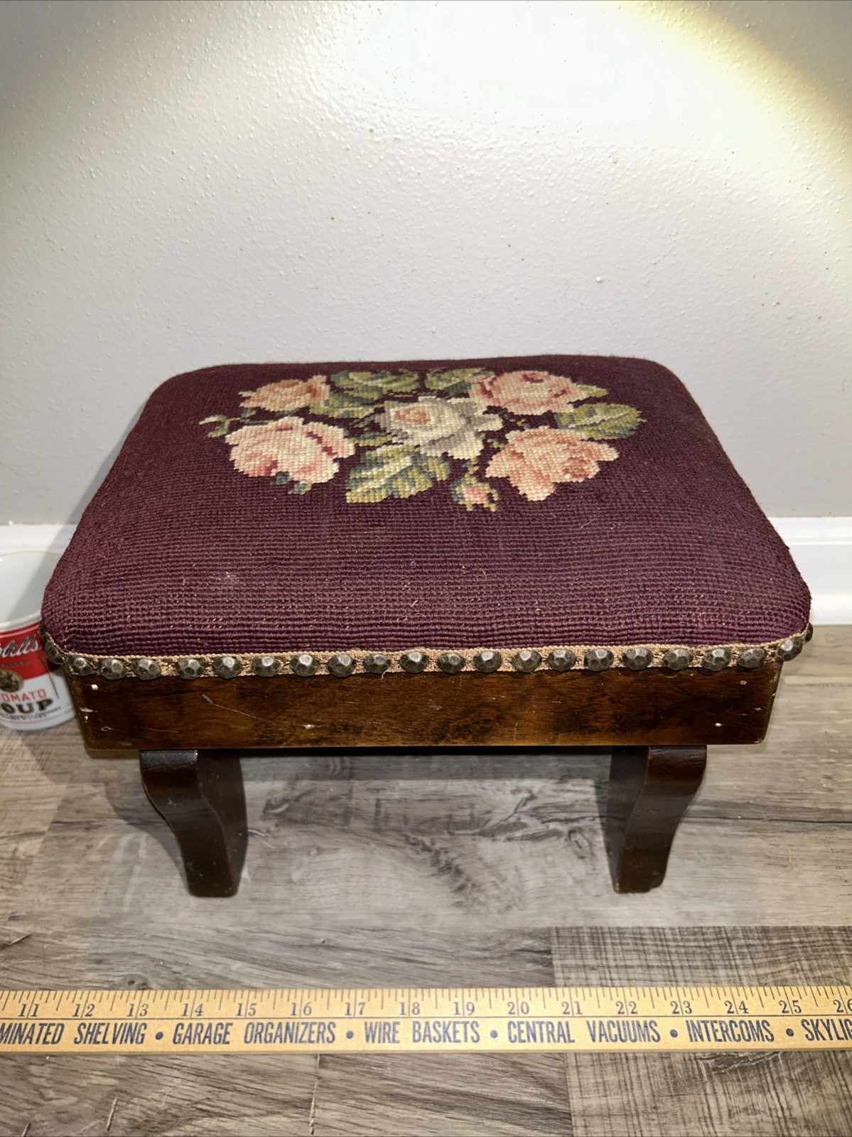 19thC Antique Victorian Stud Accents Footstool Floral Needlepoint Carved Walnut*