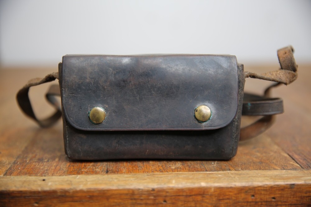 Antique Vintage Leather Camera Case Shoulder Strap brass button snaps