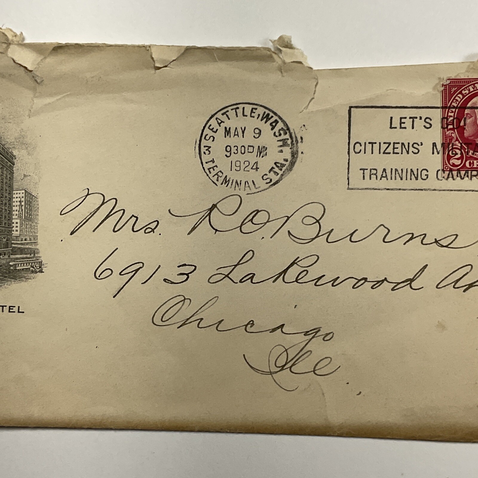 1924 Seattle, Washington New Washington Hotel Illustrated Envelope