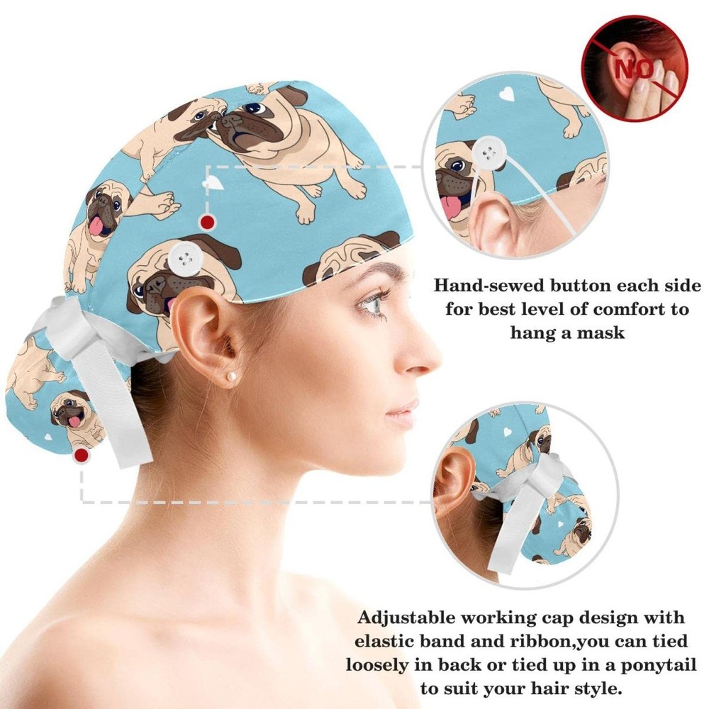 Funny Frogs Pattern Scrub Cap Adjustable Working Button Bouffant Hair Scrunchy