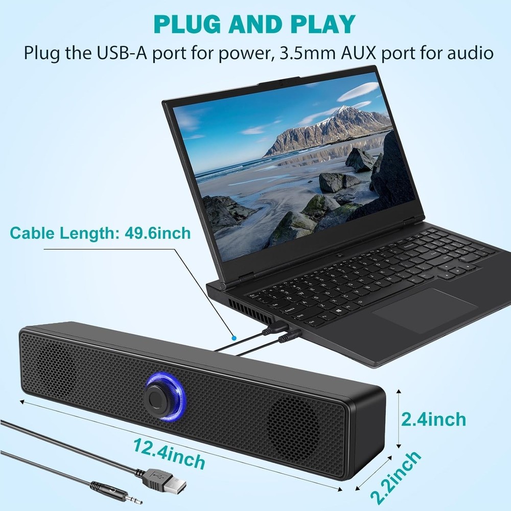 USB-A Powered Wired Stereo Speakers for Computer & Laptop - No Bluetooth