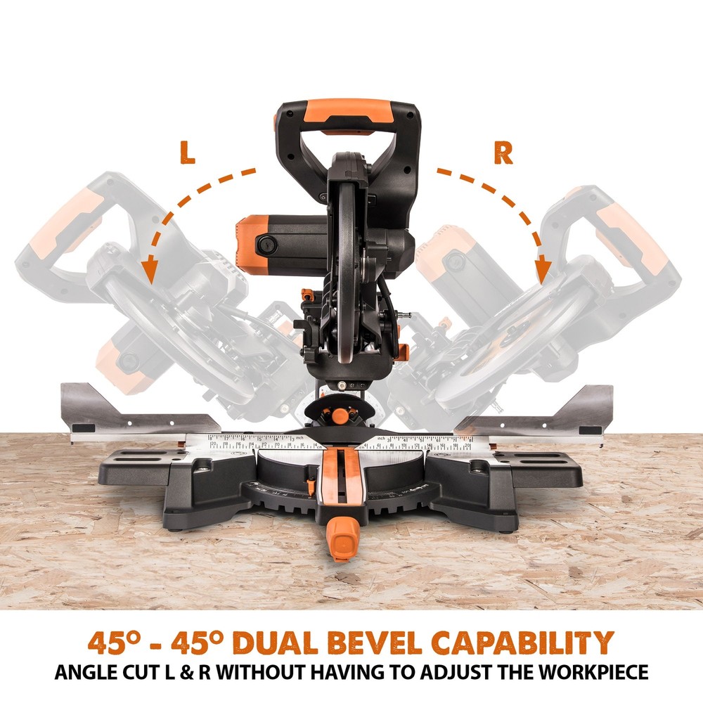 Evolution R255SMS-DB+: Dual Bevel Sliding Miter Saw With 10 in. Multi-Material C