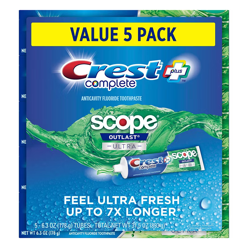 Crest Complete Plus Scope Toothpaste 5 Pack x 6.3 oz Outlast Ultra Mint Fresh