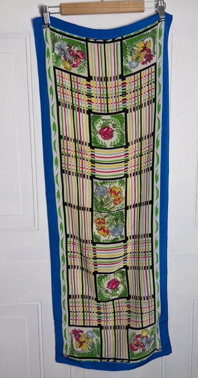 Vintage floral bird stripped scarf long rectangle approx 15 x 40" satin
