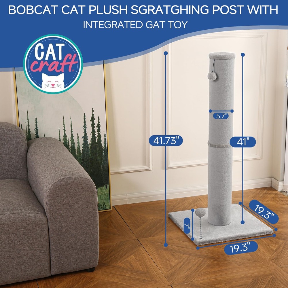 40 Large Light Gray Cat Scratching Post, Carpet, Tall, Indoor, Sturdy Base