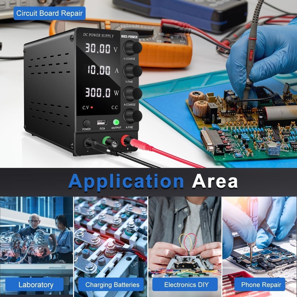 Regulated DC Power Supply 30V 10A: 4-Digit Display, USB, Stable Output Switch