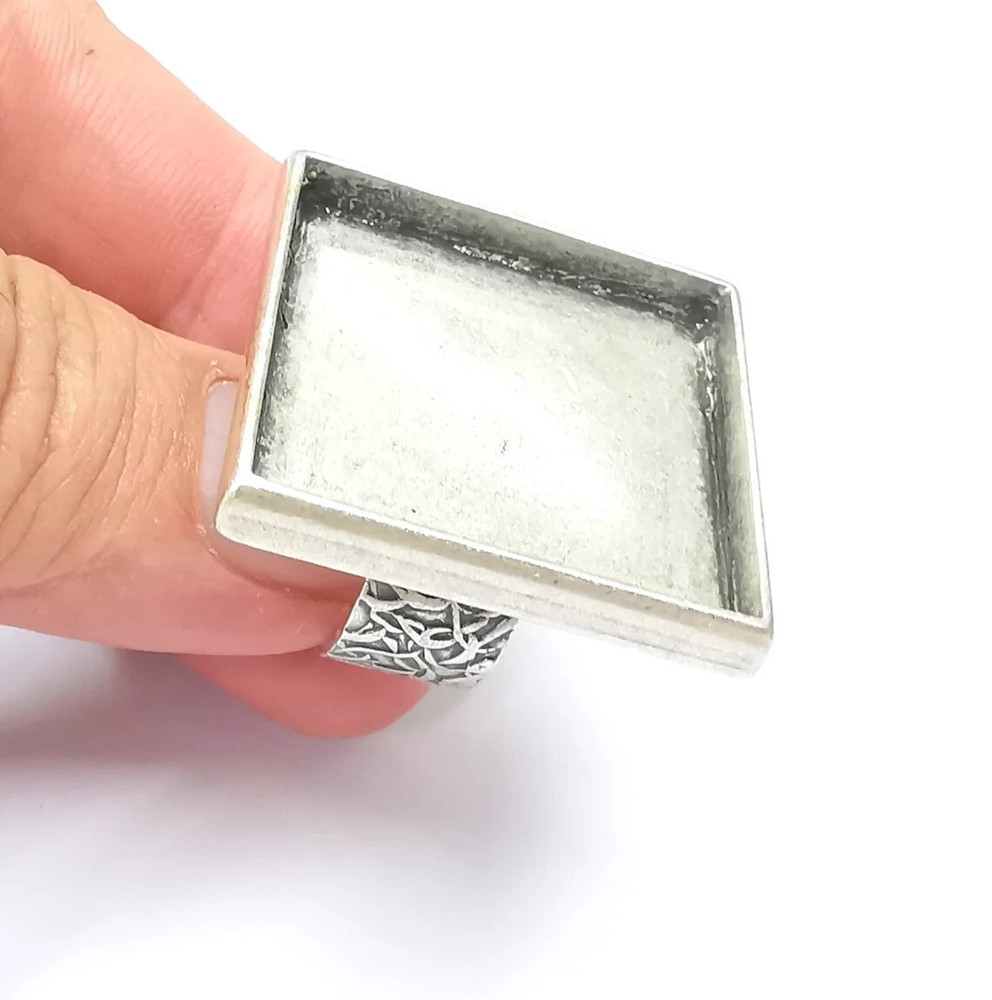 Square Antique Silver Ring Blank Settings, Cabochon Mounting Adjustable Resin