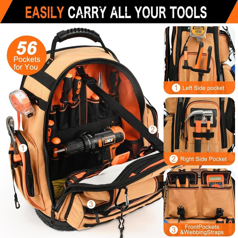 Heavy Duty Tool Bag Backpack,Water Resistant,89 Pockets & Loops Canvas