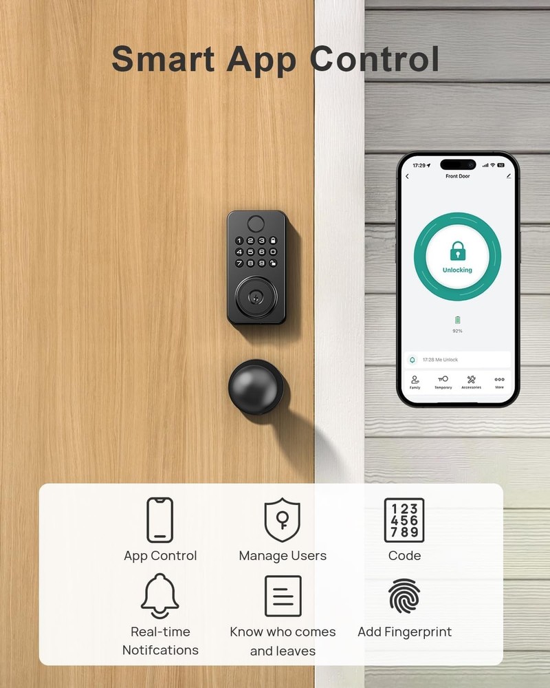 App-Controlled Keyless Entry Lock – Fingerprint Recognition, Backup Key Included