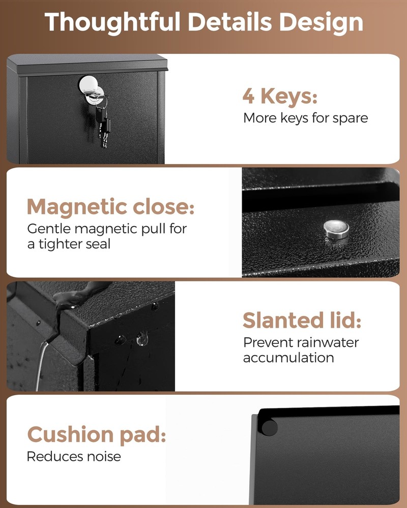 Locking Wall-Mount Mailbox for Outside with 4 Keys Galvanized Steel Rustproof...