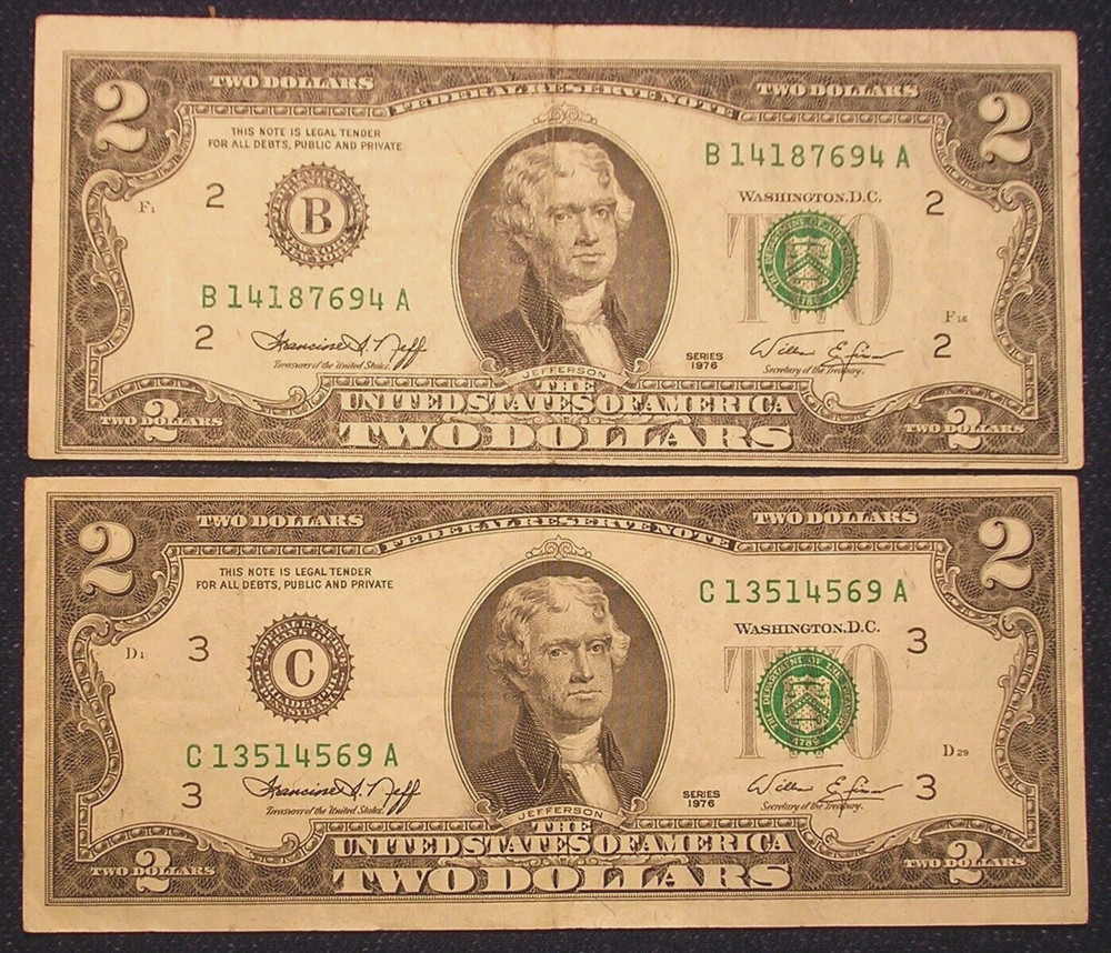 Two 1976 Bicentennial Miscut/Misaligned Error $2 Bills, Circulated, Nice