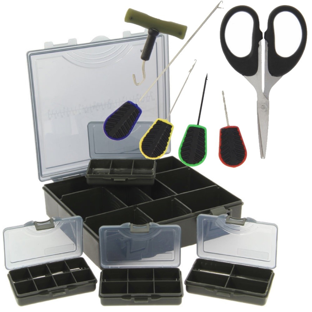 Fishing Tackle Box with 4 Extra Boxes + Baiting Needles Scissors Knot Puller NGT