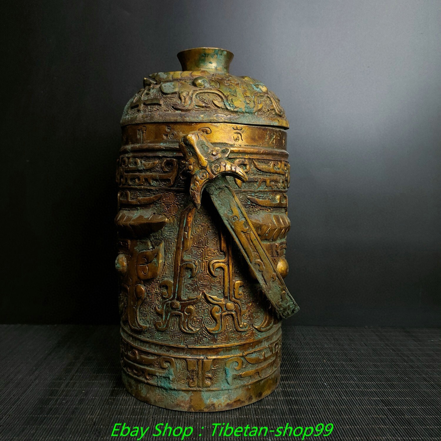 11.8''Old Bronze Ware Gilt Inscription Beast Face Container Portable Bottle