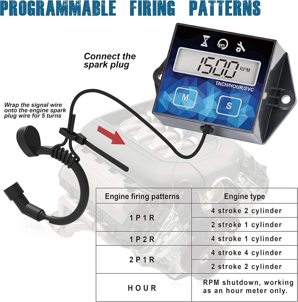 Small Engine Hour Meter, Digital Tachometer, Maintenance Reminder, Battery Re...