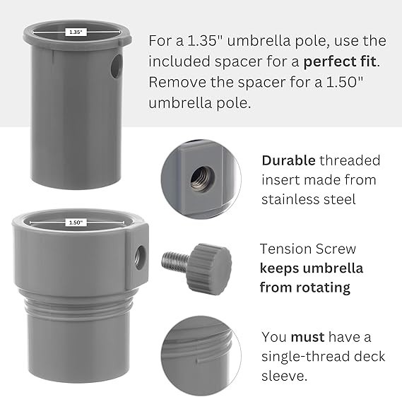 Umbrella Pole Stabilizer reducer threaded adapter insert for Baja Deck Pool Slee