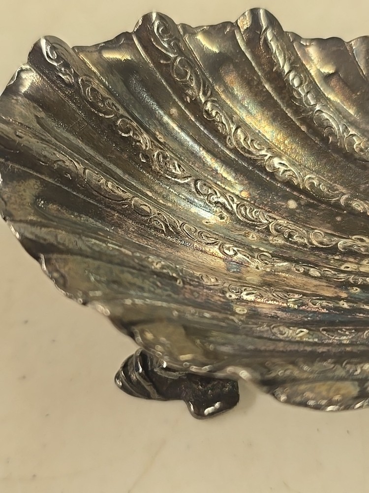 Antique Victorian Scroll Handle Dolphin Footed Silver Shell Dish Salt Dip