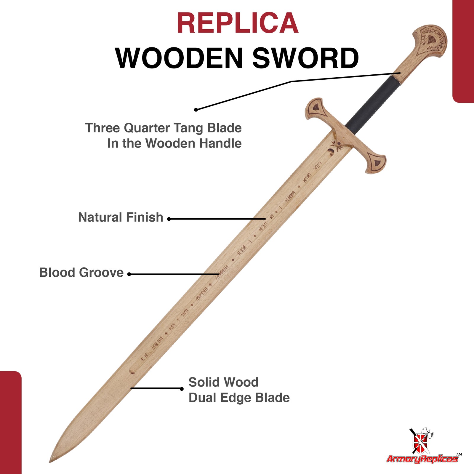 Medieval Wooden Training Sword Practice Longsword Cosplay Stage Combat Replica