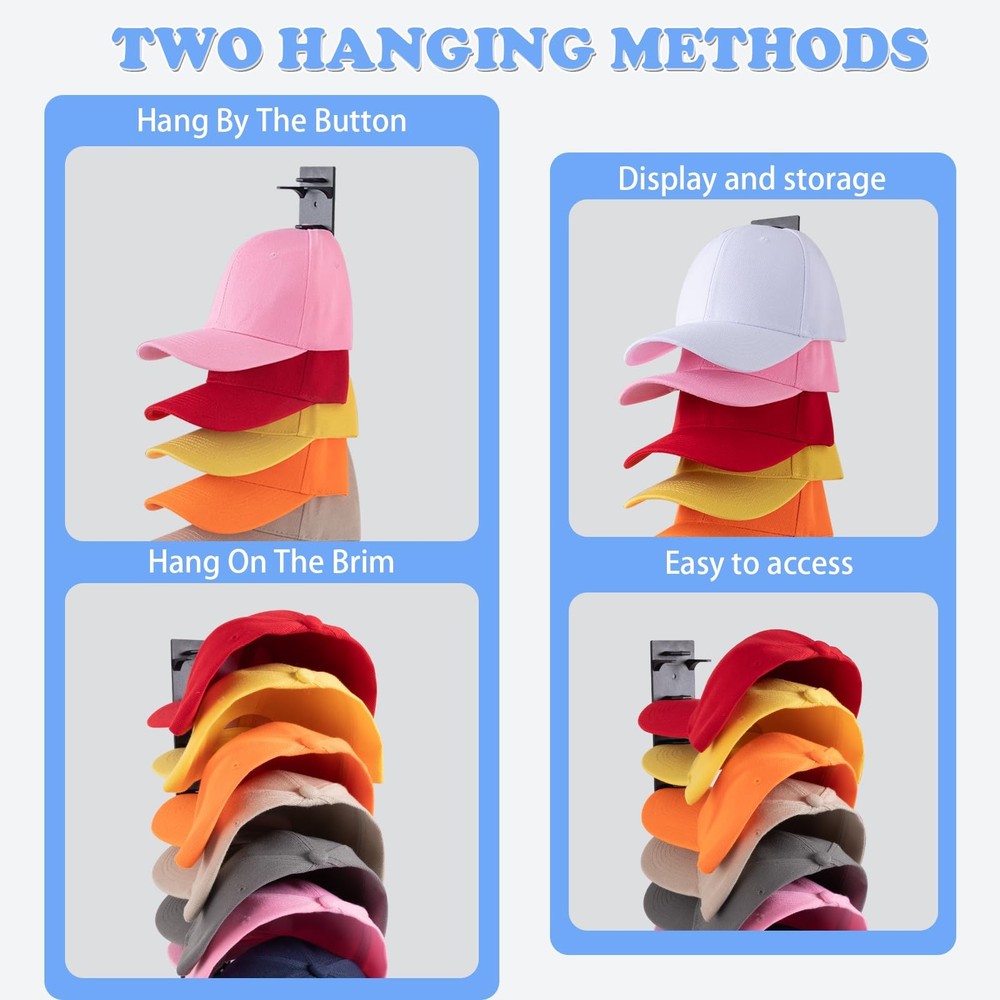 Hat Organizer for Baseball Caps, 2 Pack Rack Wall Hold 2 Pack, Black